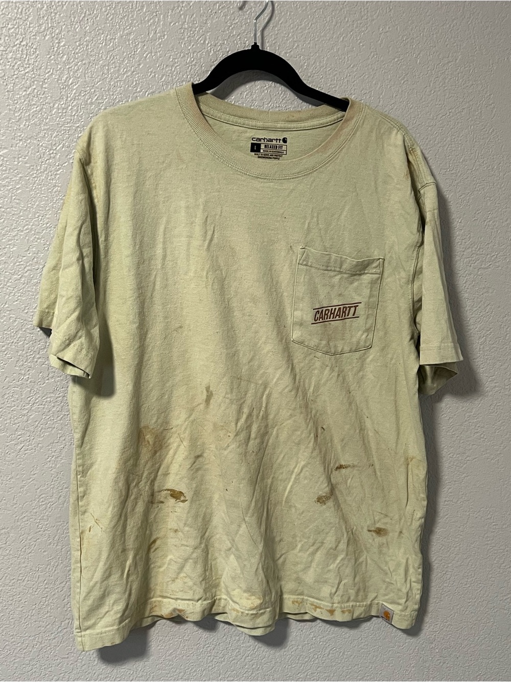 Carhartt Men's Light Green Pocket T-Shirt Distressed Well Worn